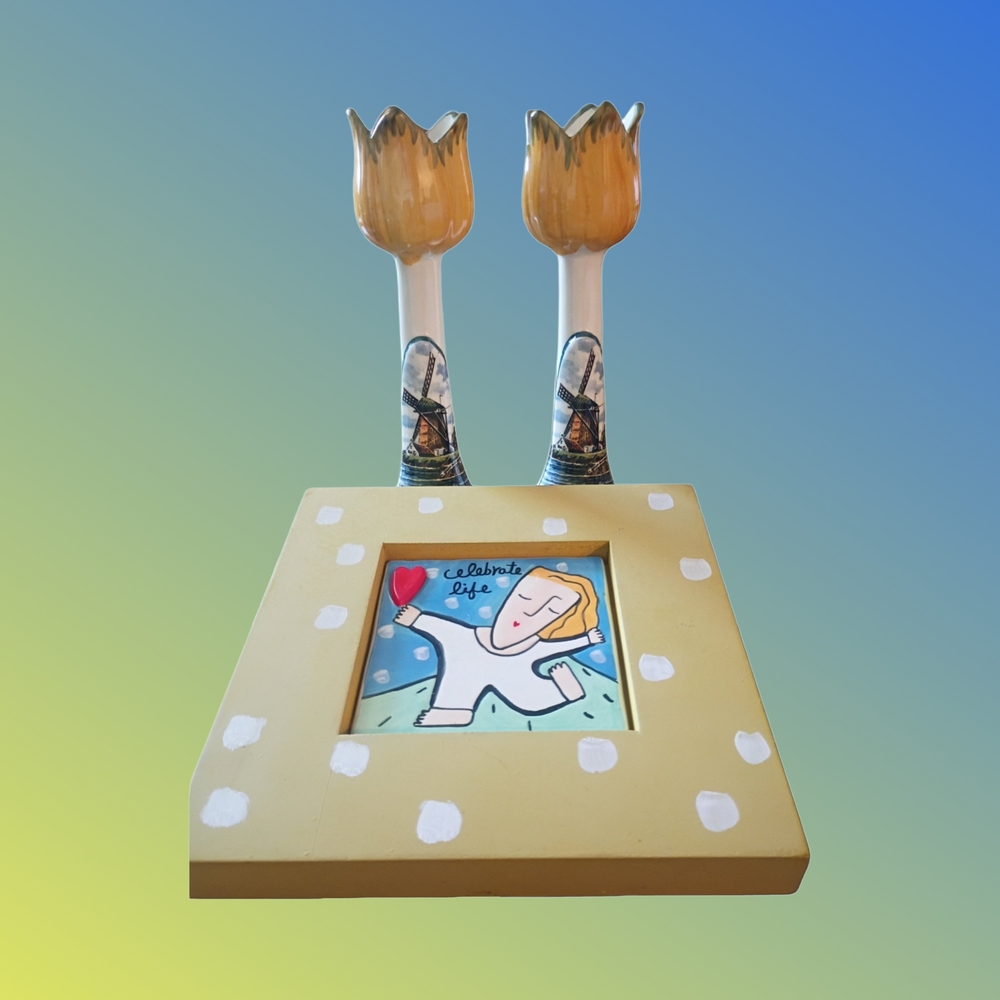 Sandra Magsamen "Celebrate Life" Wall Plague & Porcelain Candle Holder Set.